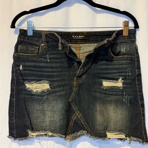WAX Jean LA Distressed Denim Mini Skirt | Raw Hem Dark Wash